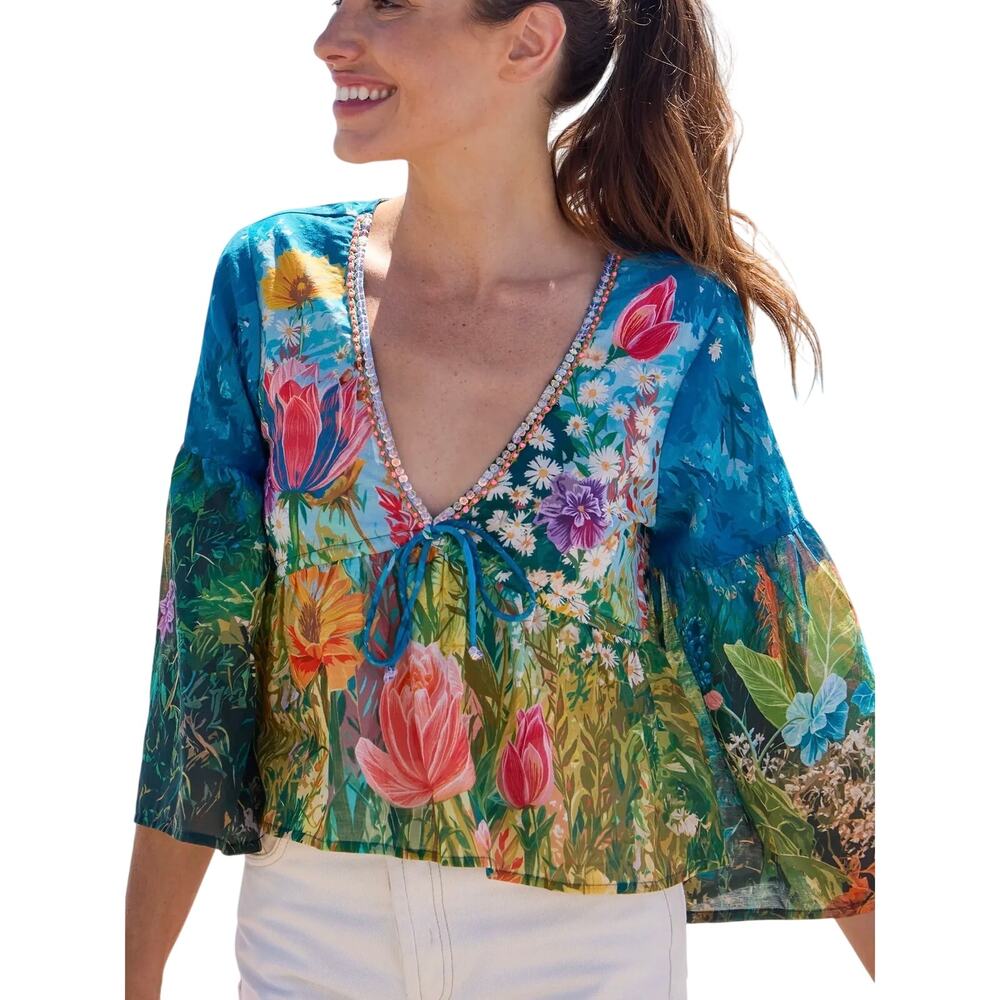 NWT Natural Life Isabella Blue Whimsical Garden Floral Sequin Cotton Top Size L